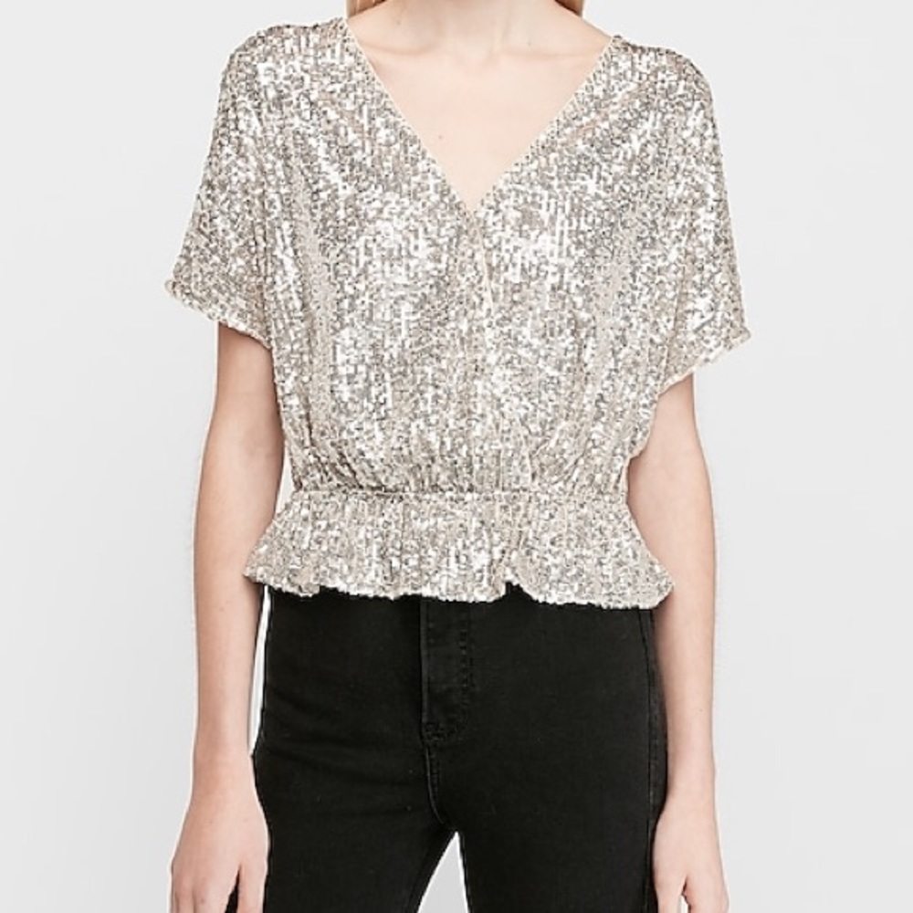 Express Sequin Wrap Front Peplum Top - image 2
